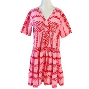 Bindu Bohemian Summer Printed Ruffle Shirt Dress Size Small Indian Cotton Pink